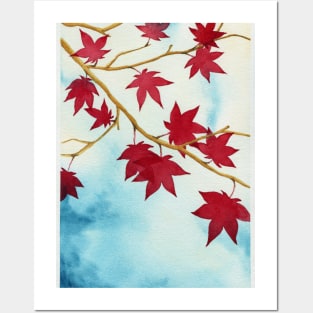 Red Maple Tree Nature Forest Wood Leaves Watercolor Posters and Art